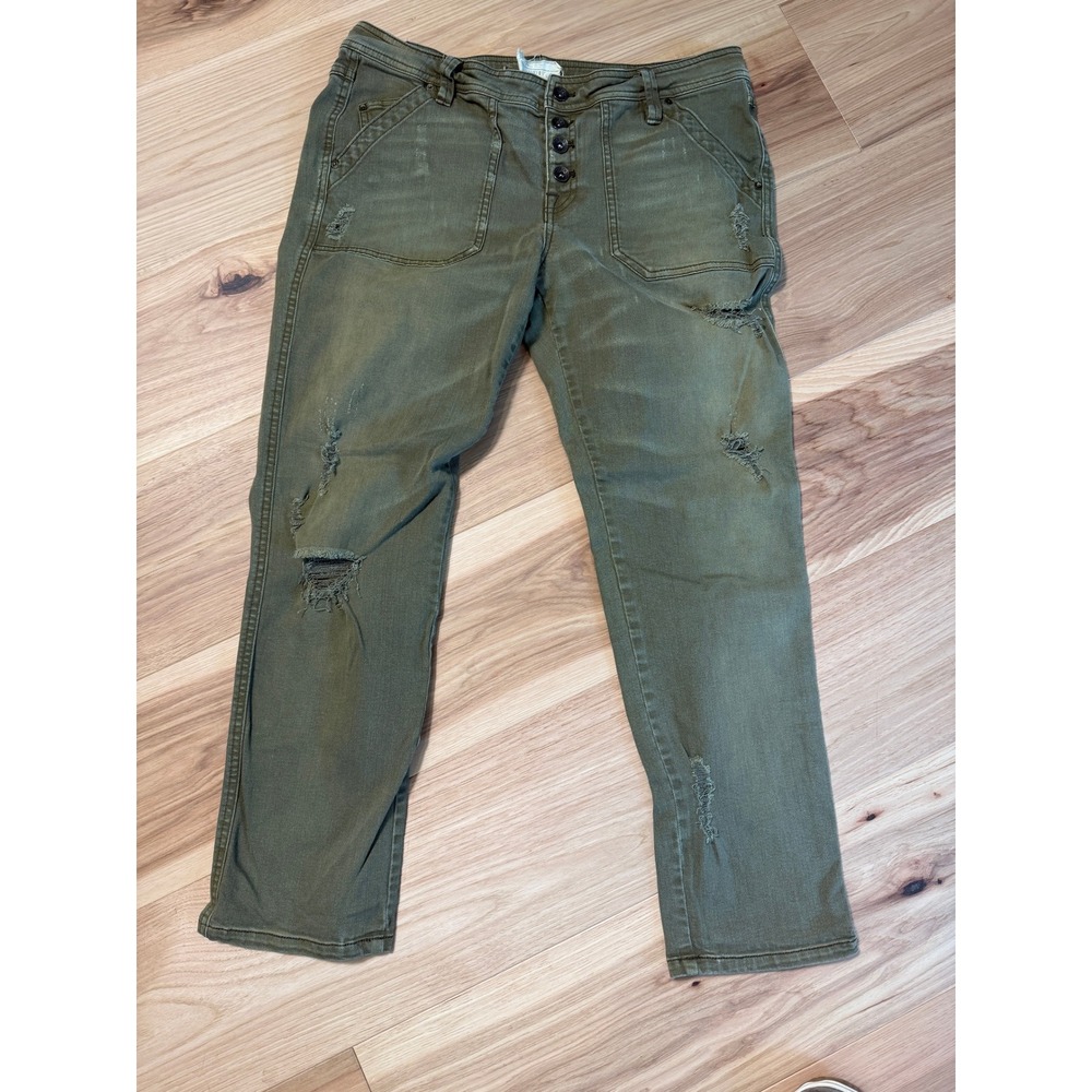 Free People Cargo Pants Womens Size 8 Olive Green Distressed Button Fly Stretch
